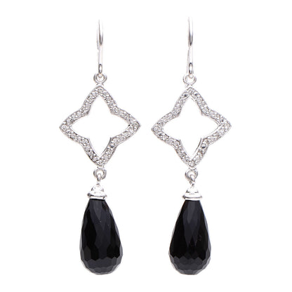 David Yurman Sterling Silver Pave Diamond Quatrefoil Onyx Drop Earrings 1 of 4