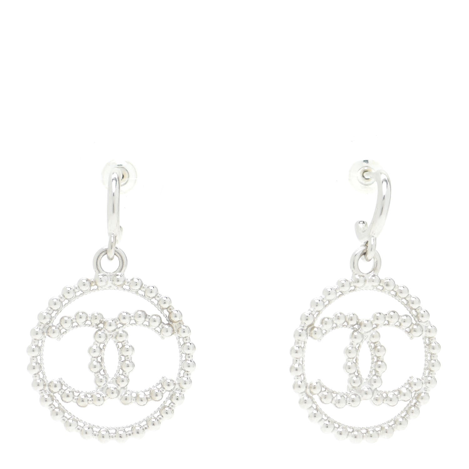 Chanel Metal Bead CC Drop Earrings Silver 1 of 7