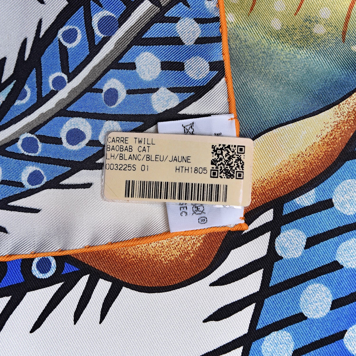 Hermes Silk Baobab Cat Scarf 90 White Bleu Jaune 3 of 7