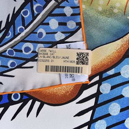 Hermes Silk Baobab Cat Scarf 90 White Bleu Jaune 3 of 7