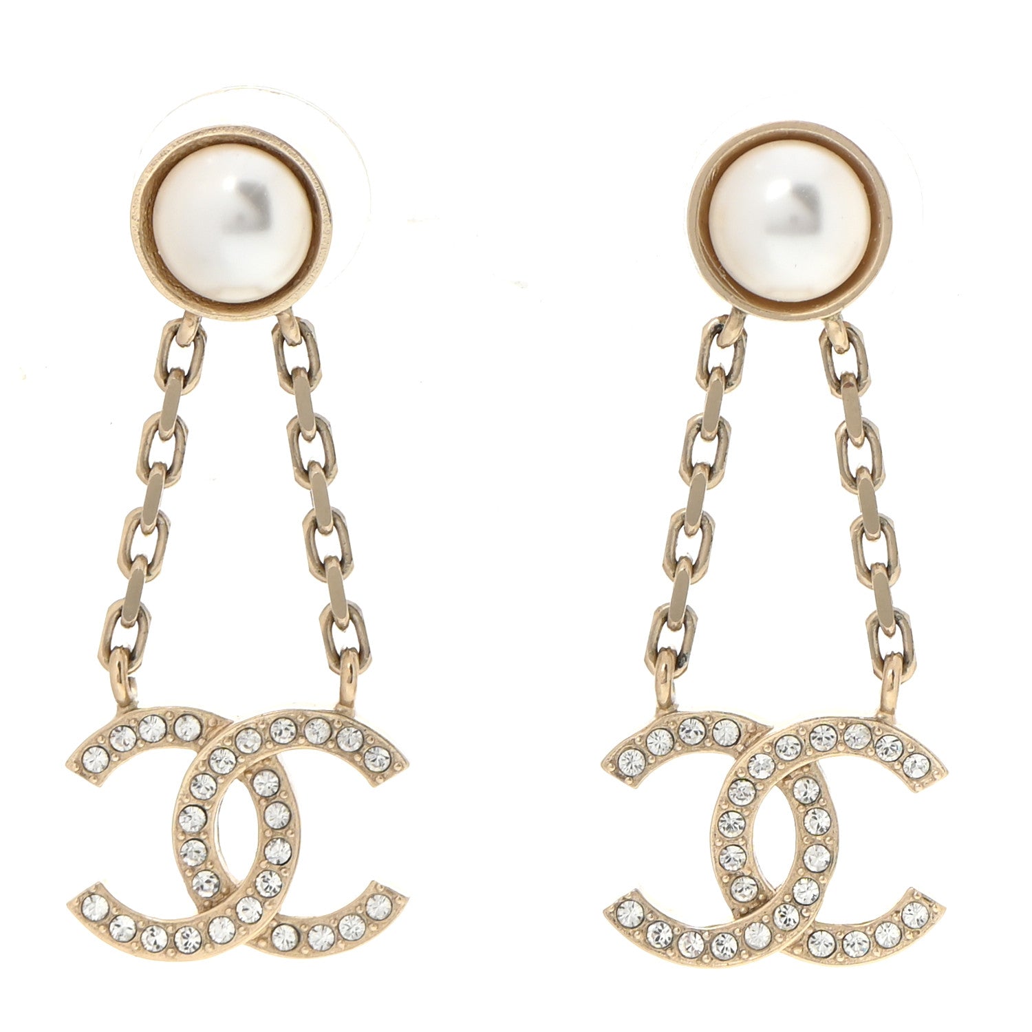 Chanel Crystal Pearl CC Chain Drop Earrings Gold 1 of 6