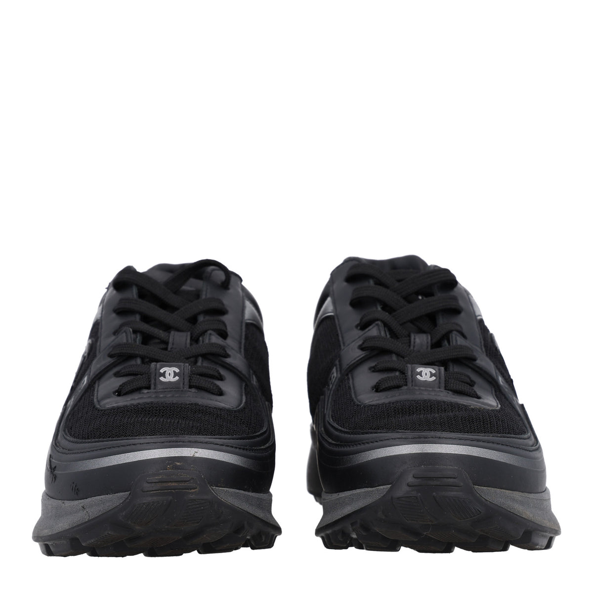Mesh Calfskin CC Sneakers  39.5 Black Silver