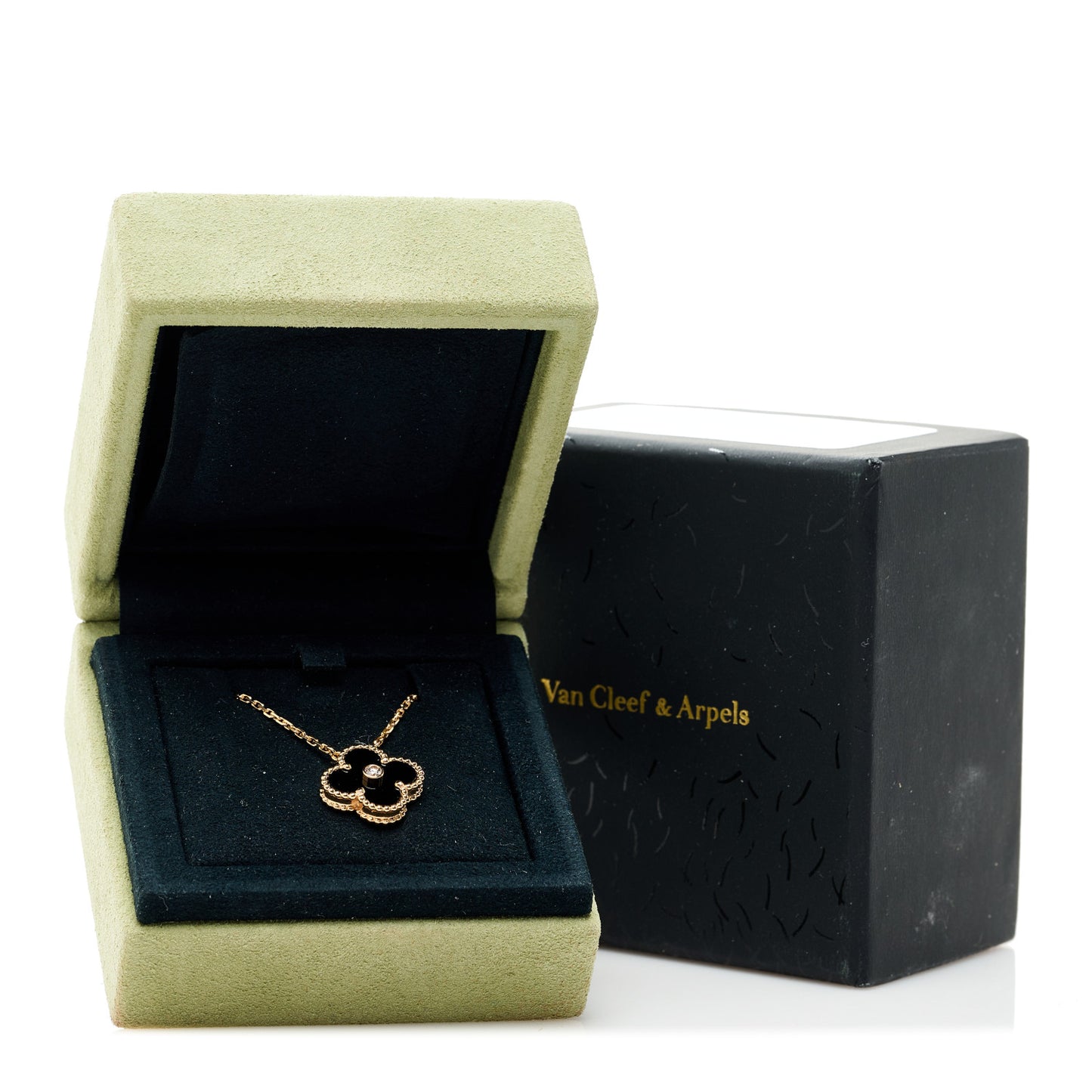 18K Rose Gold Diamond Black Onyx Vintage Alhambra Pendant Necklace