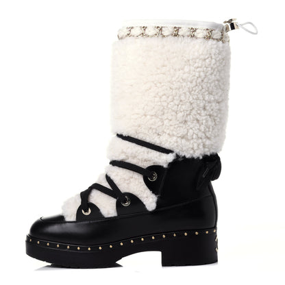 Chanel Shearling Chain Studded CC High Boot 38 Black 1 of 12