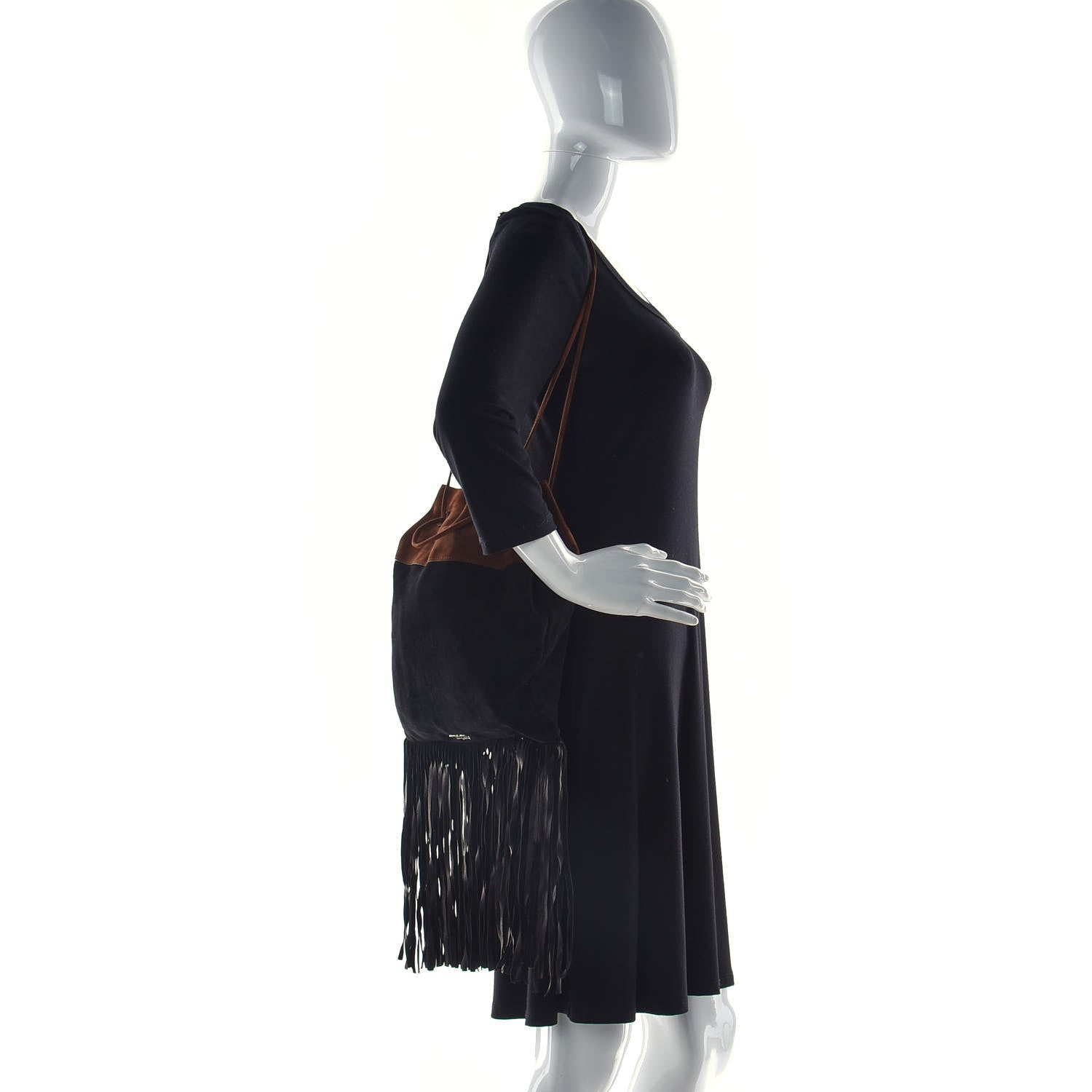 Prada Camoscio Fringe Shoulder Bag Black Cacao 2 of 9