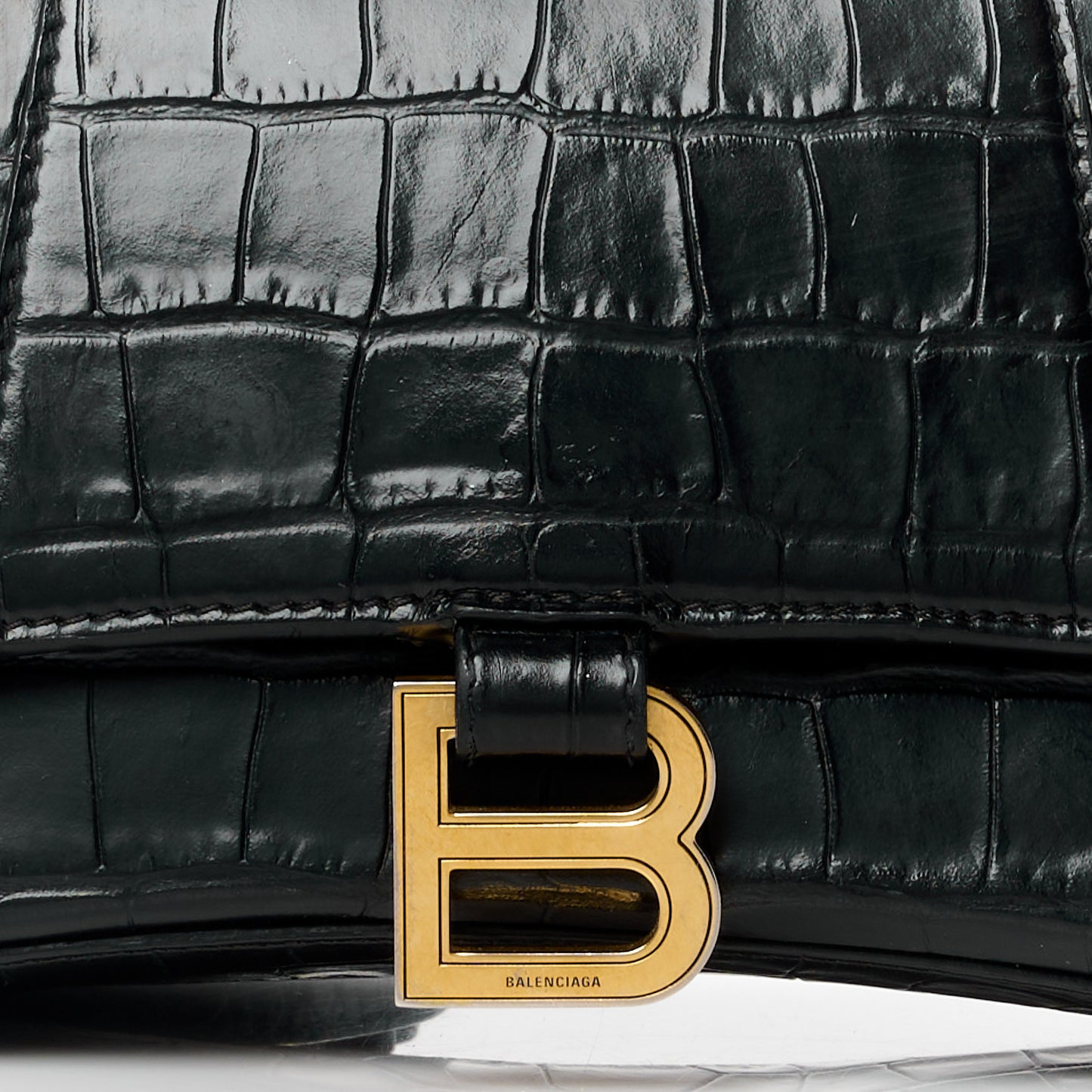 Shiny Calfskin Crocodile Embossed Small Hourglass Top Handle Bag Black