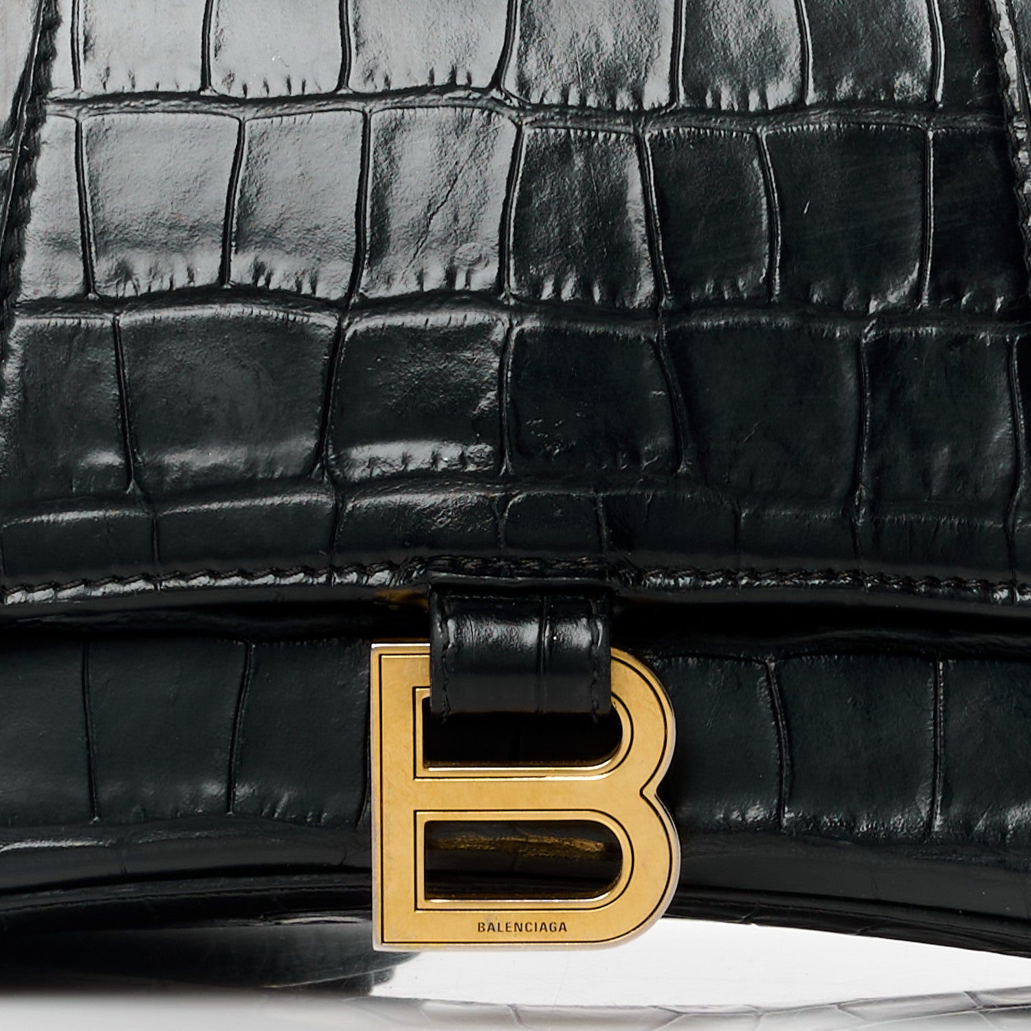 Balenciaga Shiny Calfskin Crocodile Embossed Small Hourglass Top Handle Bag Black 8 of 16