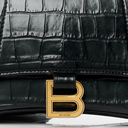 Balenciaga Shiny Calfskin Crocodile Embossed Small Hourglass Top Handle Bag Black 8 of 16