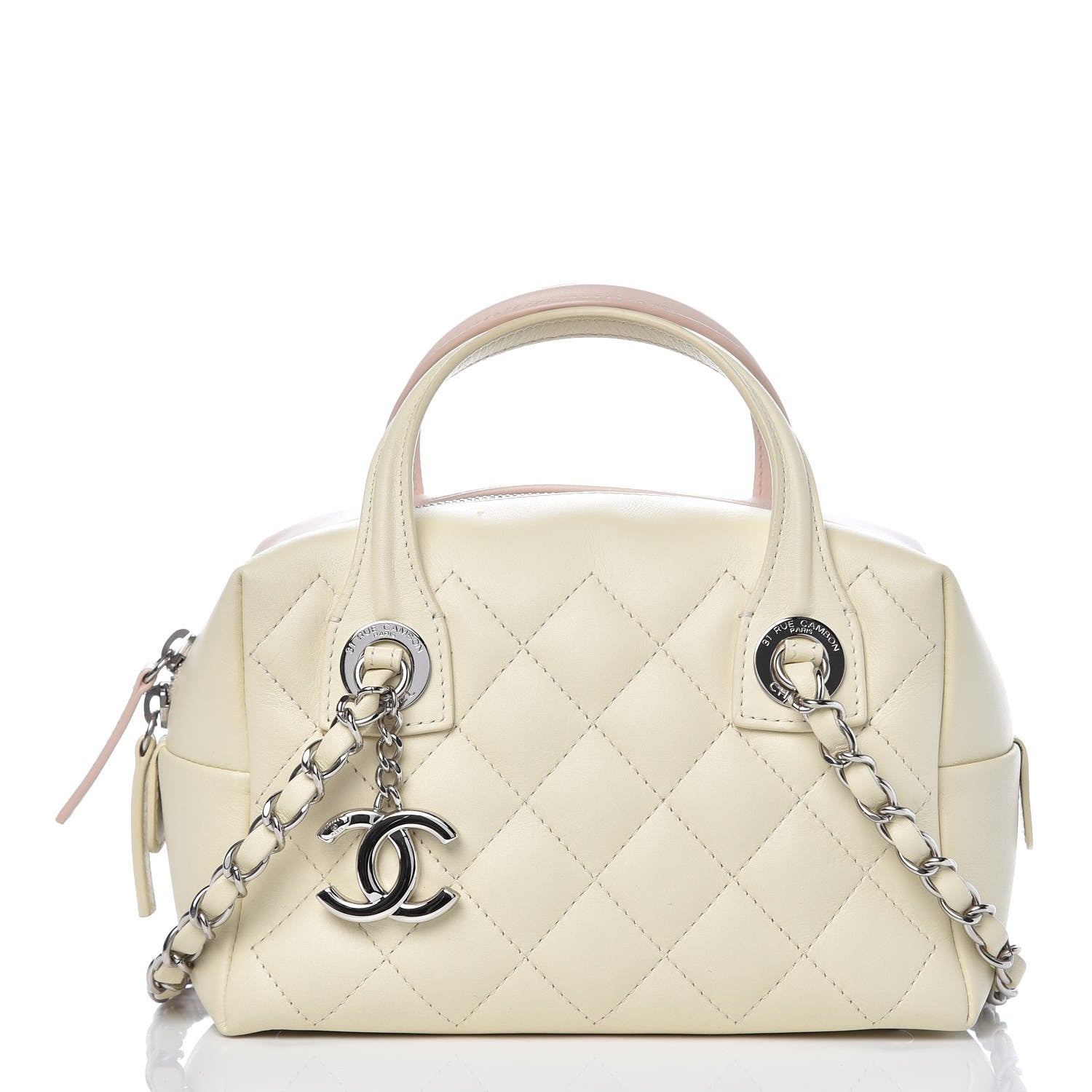 Chanel Calfskin Quilted Feather Weight Bowling Bag Ivory Light Pink 1 of 11