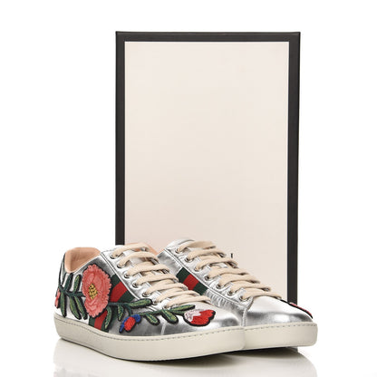 Gucci Metallic Calfskin Floral Embroidered Ace Sneakers 38 Silver 11 of 11