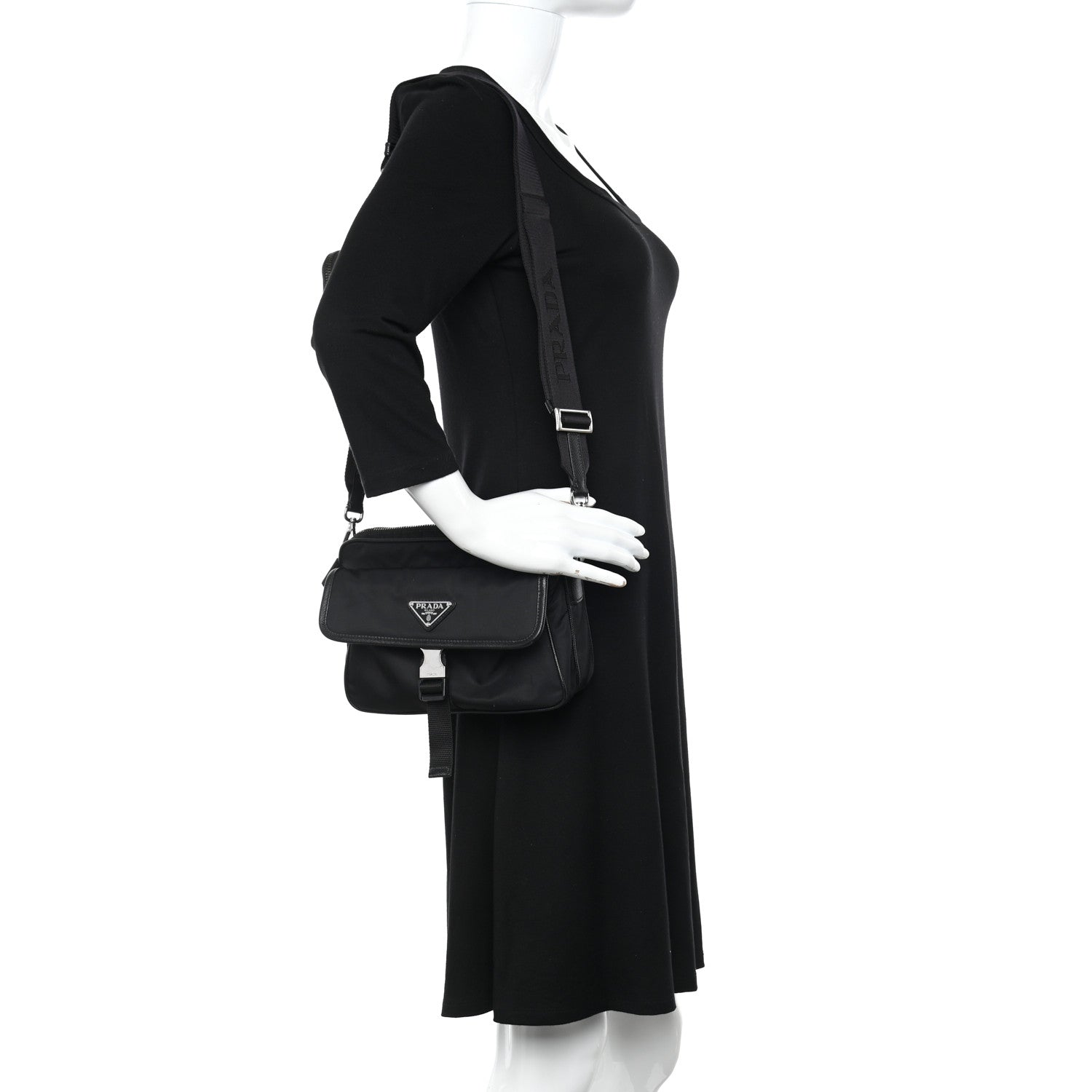 Prada Re-Nylon Saffiano Pocket Single Snap Buckle Shoulder Bag Black 2 of 12