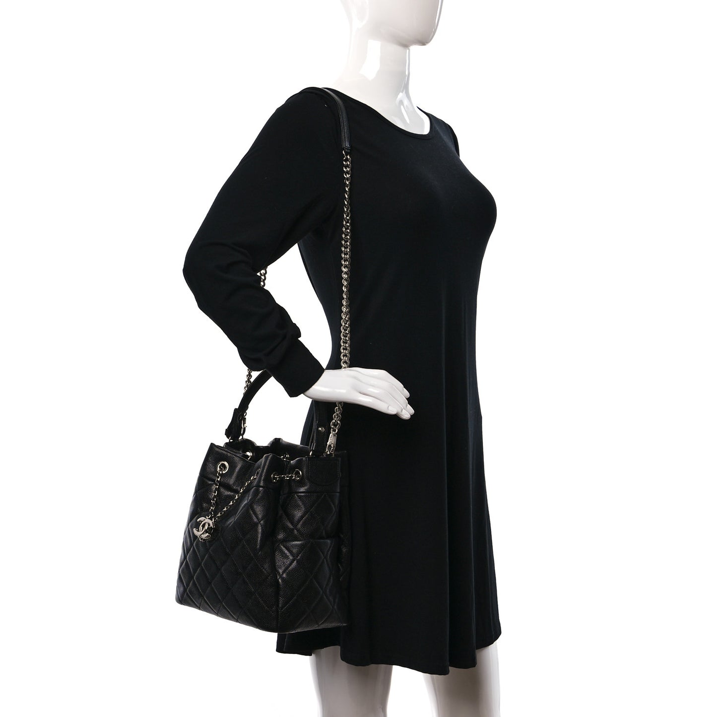 Grained Calfskin Quilted Medium CC Chain Bucket Drawstring Bag Black