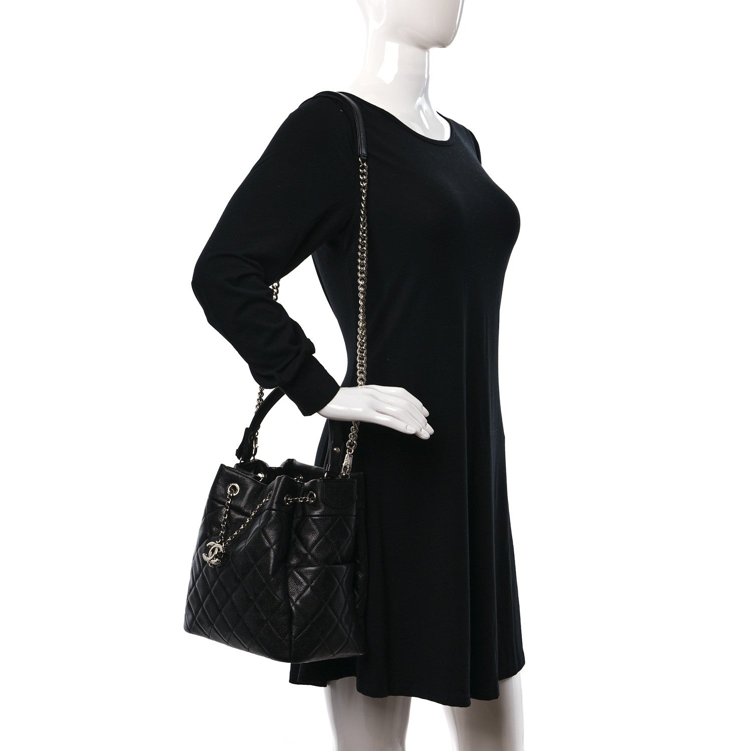 Chanel Grained Calfskin Quilted Medium CC Chain Bucket Drawstring Bag Black 3 of 8