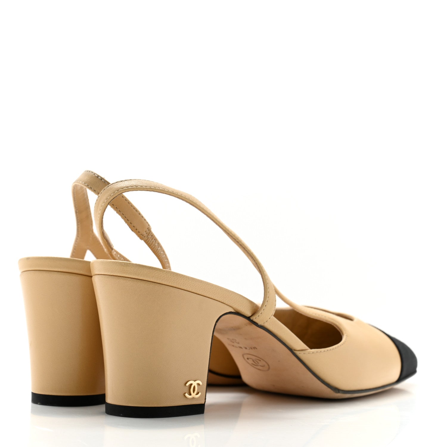 Chanel Goatskin Grosgrain Cap Toe CC Slingback Pumps 38 Beige Black 4 of 9