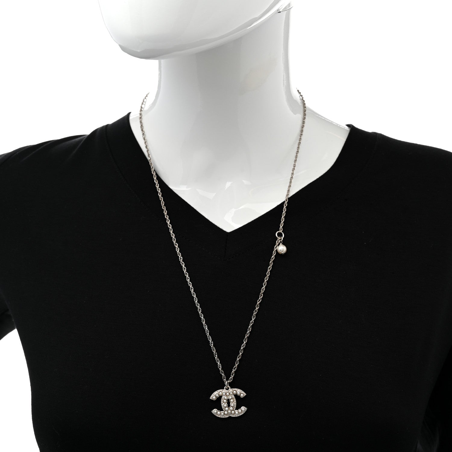 Chanel Crystal Pearl CC Pendant Necklace Silver 2 of 7