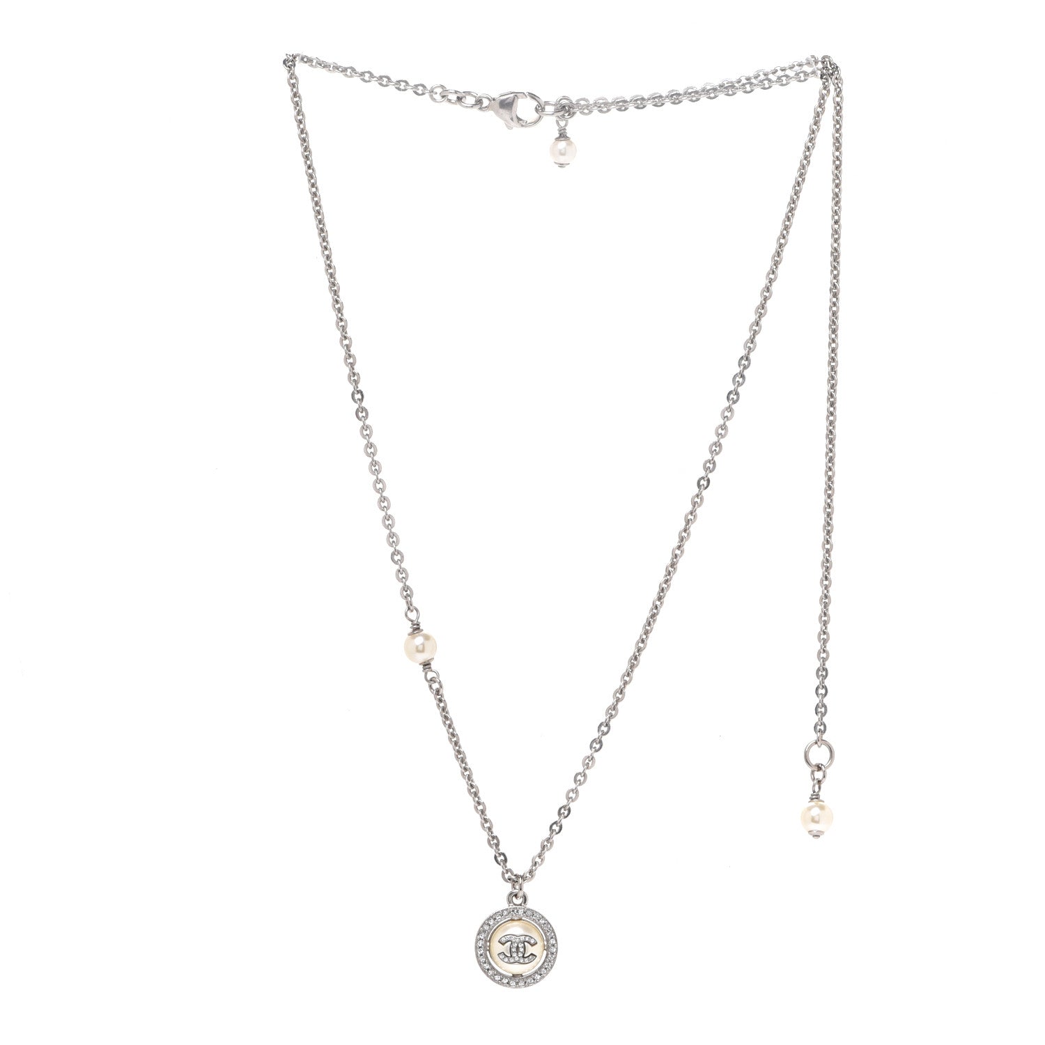 Chanel Pearl Crystal CC Necklace Silver 3 of 6