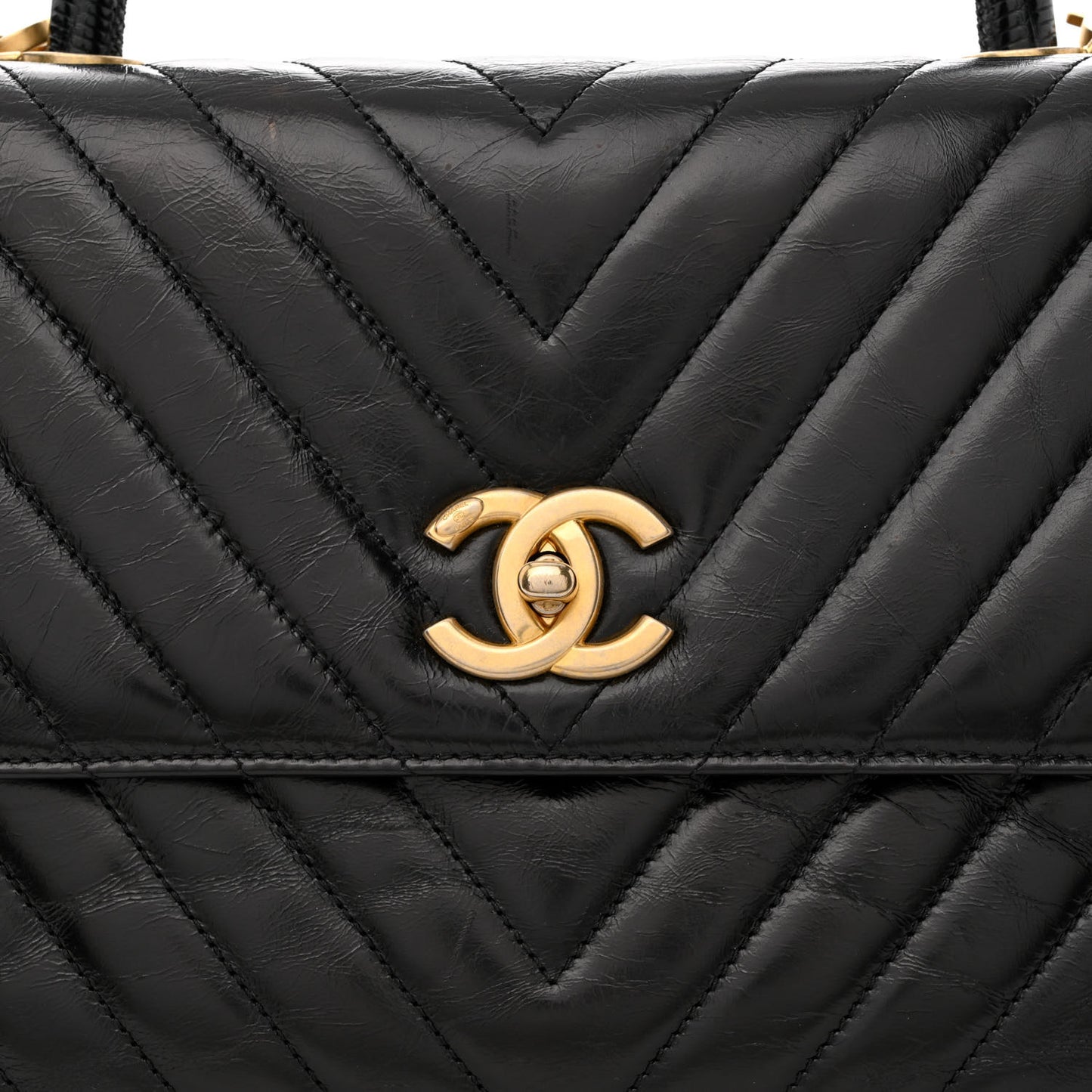 Calfskin Lizard Chevron Quilted Medium Coco Handle Flap Black