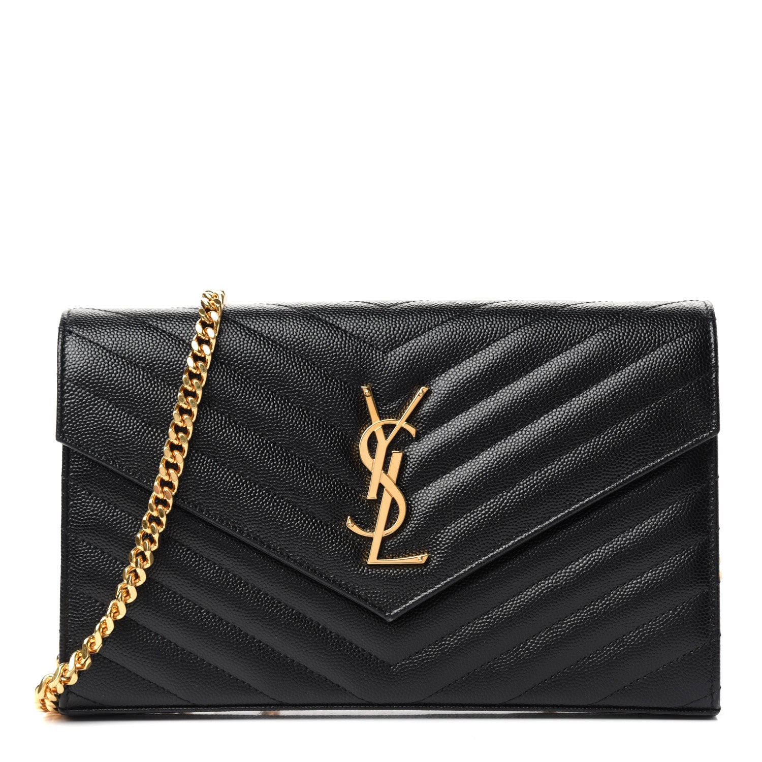 Saint Laurent Grain De Poudre Matelasse Chevron Monogram Chain Wallet Black 1 of 10