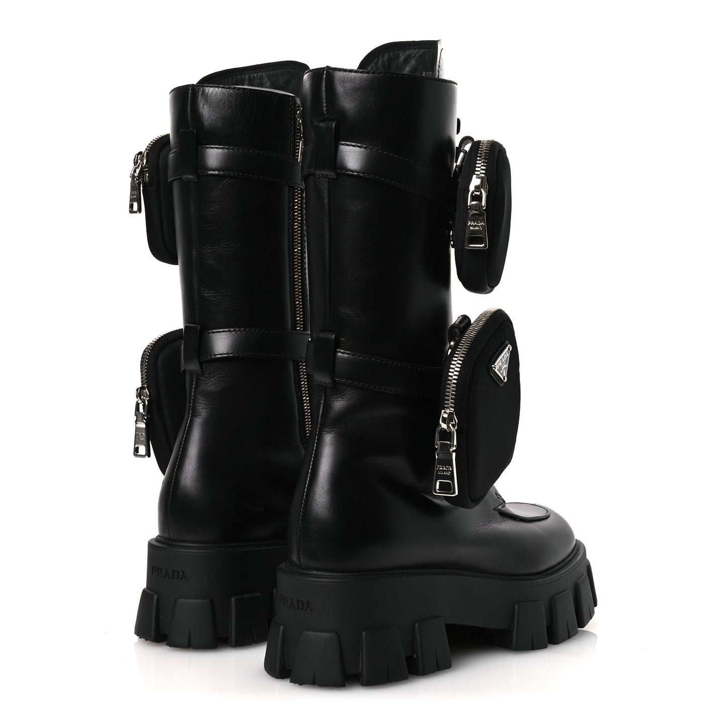 Vitello Lux Nylon Metal Triangle Logo Monolith Pouch Pocket 55mm Tall Combat Boots 38.5 Black