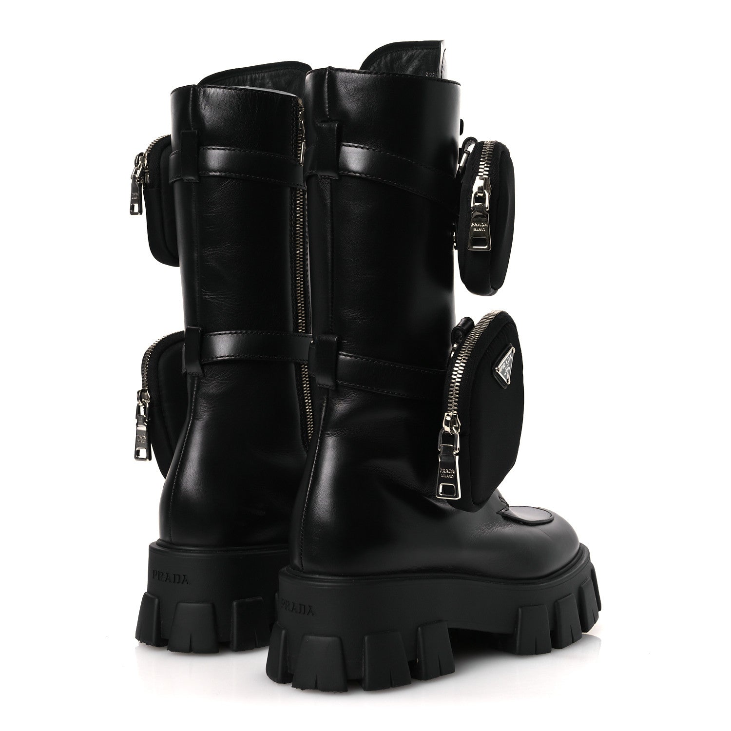 Prada Vitello Lux Nylon Metal Triangle Logo Monolith Pouch Pocket 55mm Tall Combat Boots 38.5 Black 5 of 12