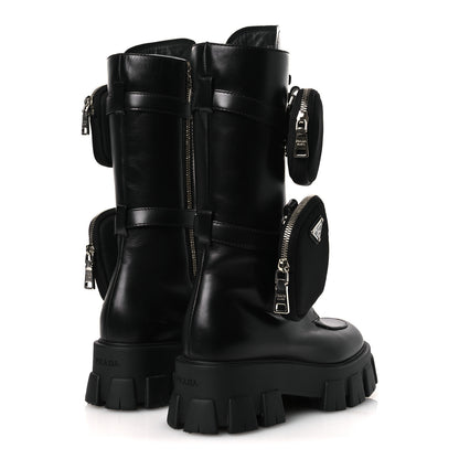 Prada Vitello Lux Nylon Metal Triangle Logo Monolith Pouch Pocket 55mm Tall Combat Boots 38.5 Black 5 of 12