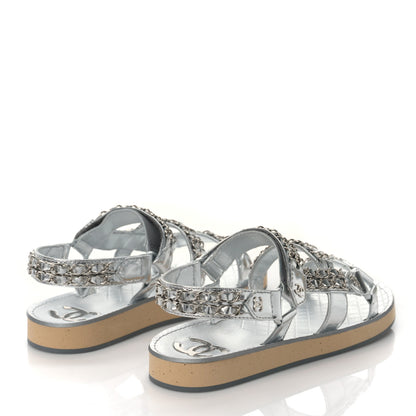 Chanel Metallic Laminated Goatskin Chain Flat Sandals 38 Silver 3 of 9