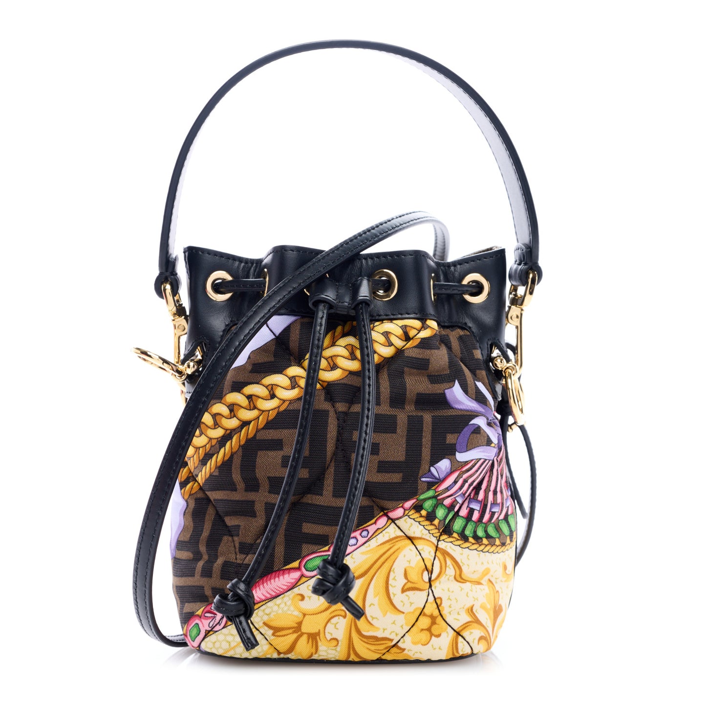 X VERSACE Silk Vitello Fendace FF Baroque Quilted Mini Mon Tresor Bucket Bag Gold Multicolor