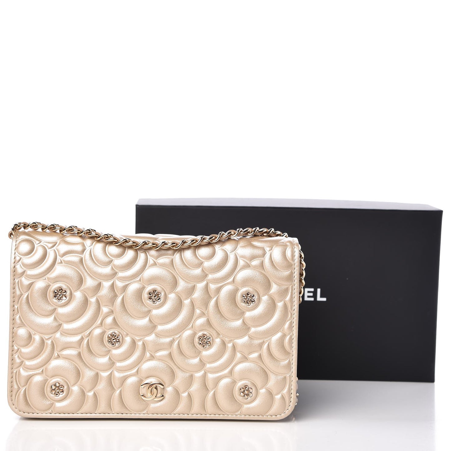 Metallic Lambskin Camellia Crystal Wallet on Chain WOC Gold