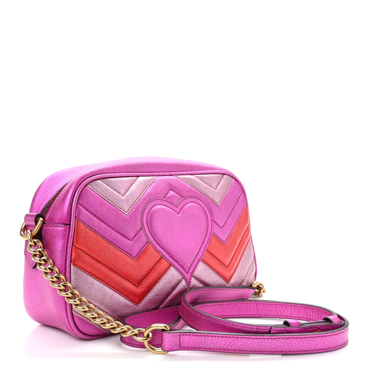 Gucci Laminated Nappa Matelasse Small GG Marmont Chain Shoulder Bag Fuxia Rosso Rosa 3 of 15