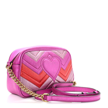 Gucci Laminated Nappa Matelasse Small GG Marmont Chain Shoulder Bag Fuxia Rosso Rosa 3 of 15