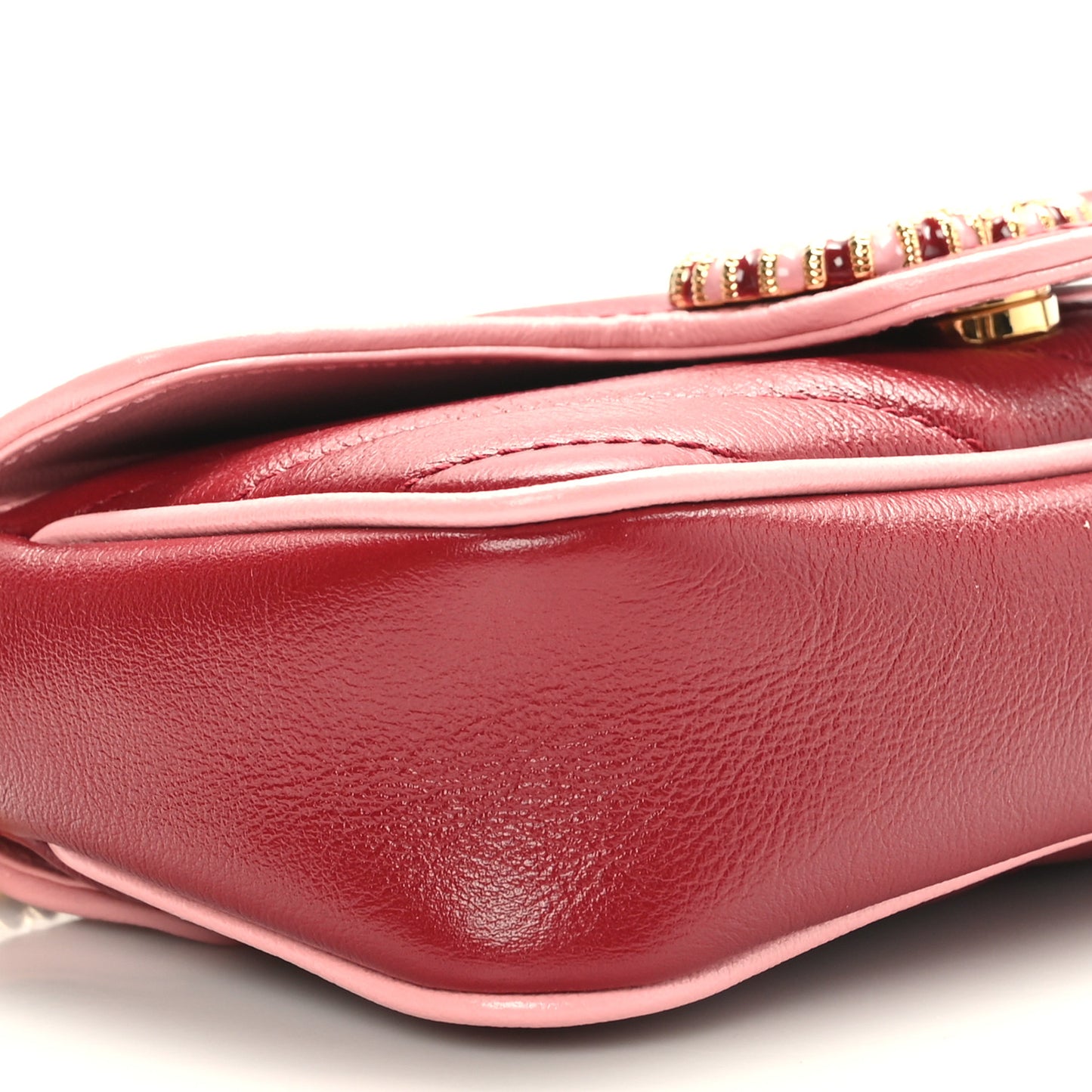 Azalea Calfskin Enamel Matelasse Diagonal Super Mini Torchon GG Marmont Shoulder Bag New Cherry Red Wild Rose