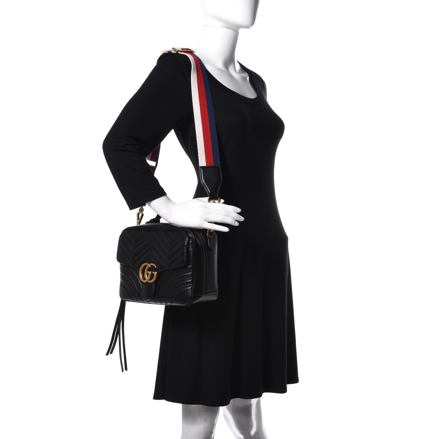 Calfskin Matelasse Sylvie Web Small GG Marmont Top Handle Shoulder Bag Black