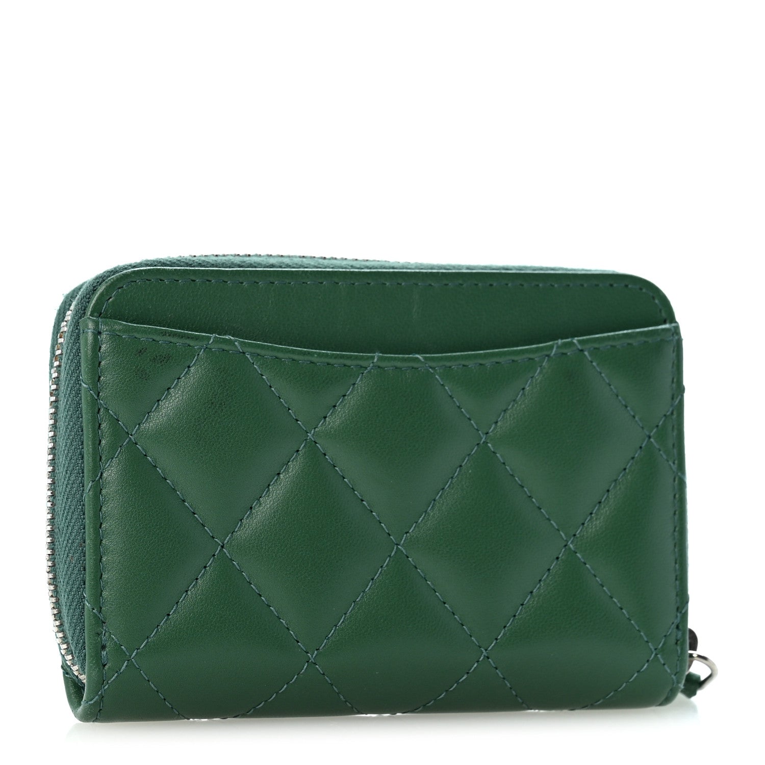Chanel Lambskin Quilted Zip Around Coin Purse Wallet Green 3 of 8