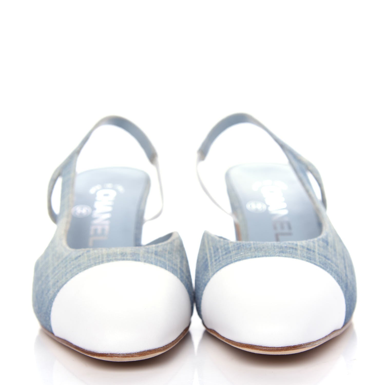 Chanel Denim Lambskin Cap Toe CC Slingback Pumps 35 Light Blue White 2 of 11