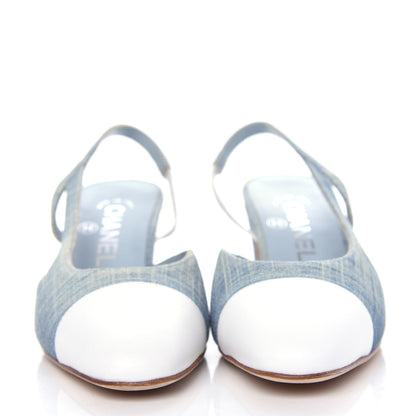 Chanel Denim Lambskin Cap Toe CC Slingback Pumps 35 Light Blue White 2 of 11