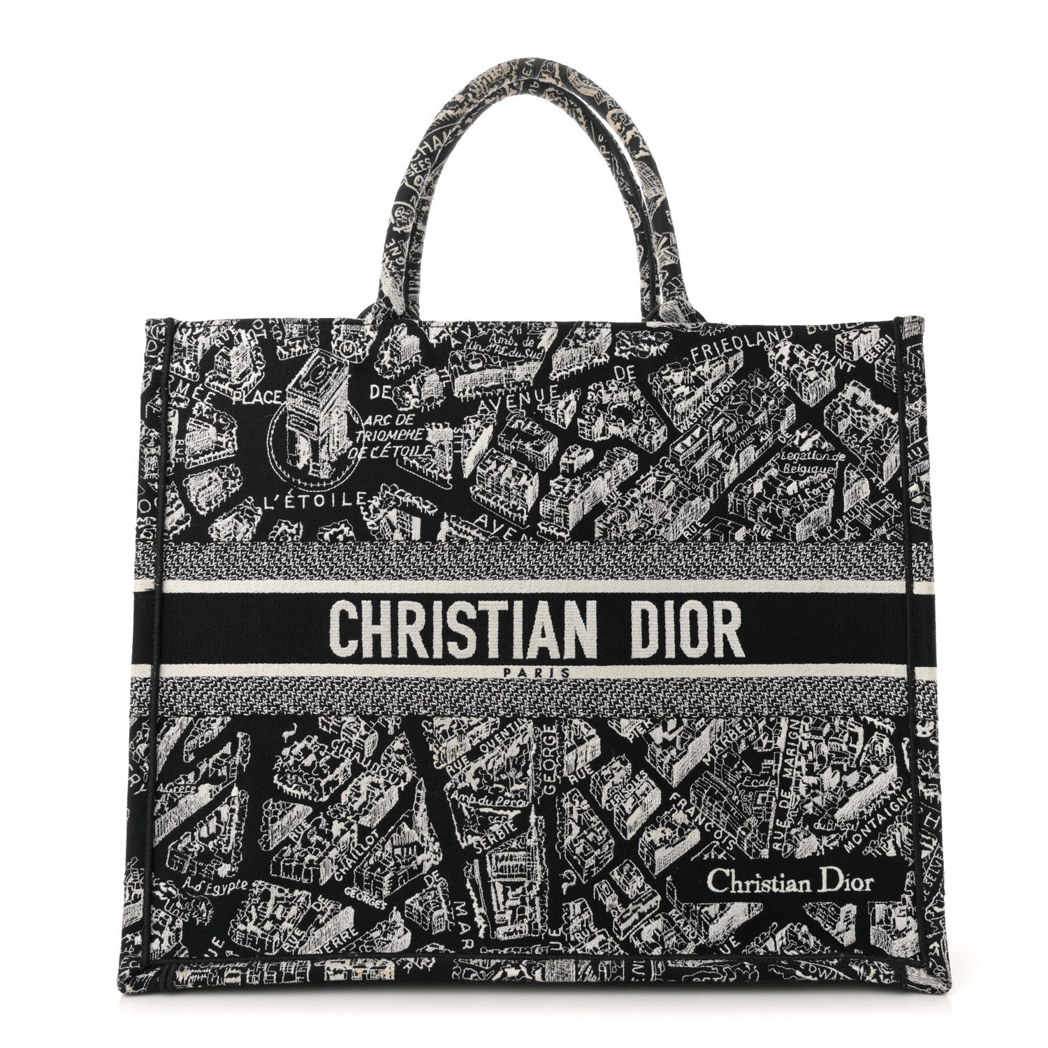Christian Dior Canvas Embroidered Large Plan De Paris Book Tote Black White 1 of 10