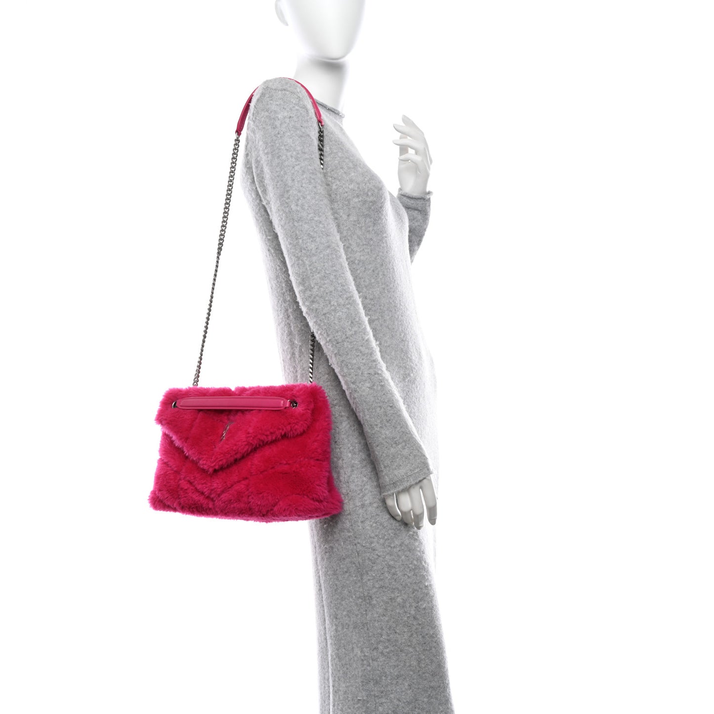 Merino Shearling Lambskin Quilted Small Loulou Puffer Monogram Chain Satchel Fuchsia