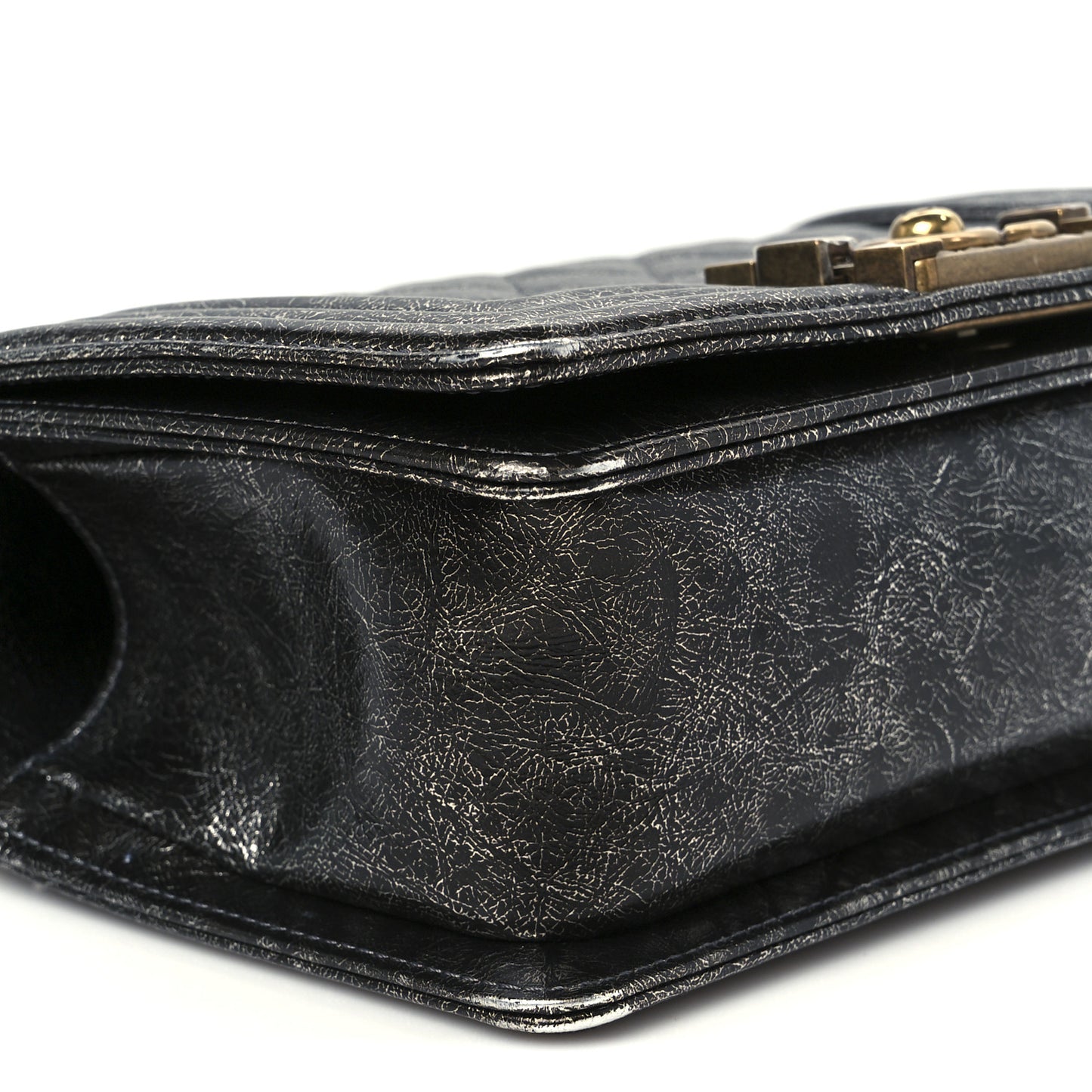 Cracked Metallic Calfskin Quilted Small Boy Flap Dark Silver