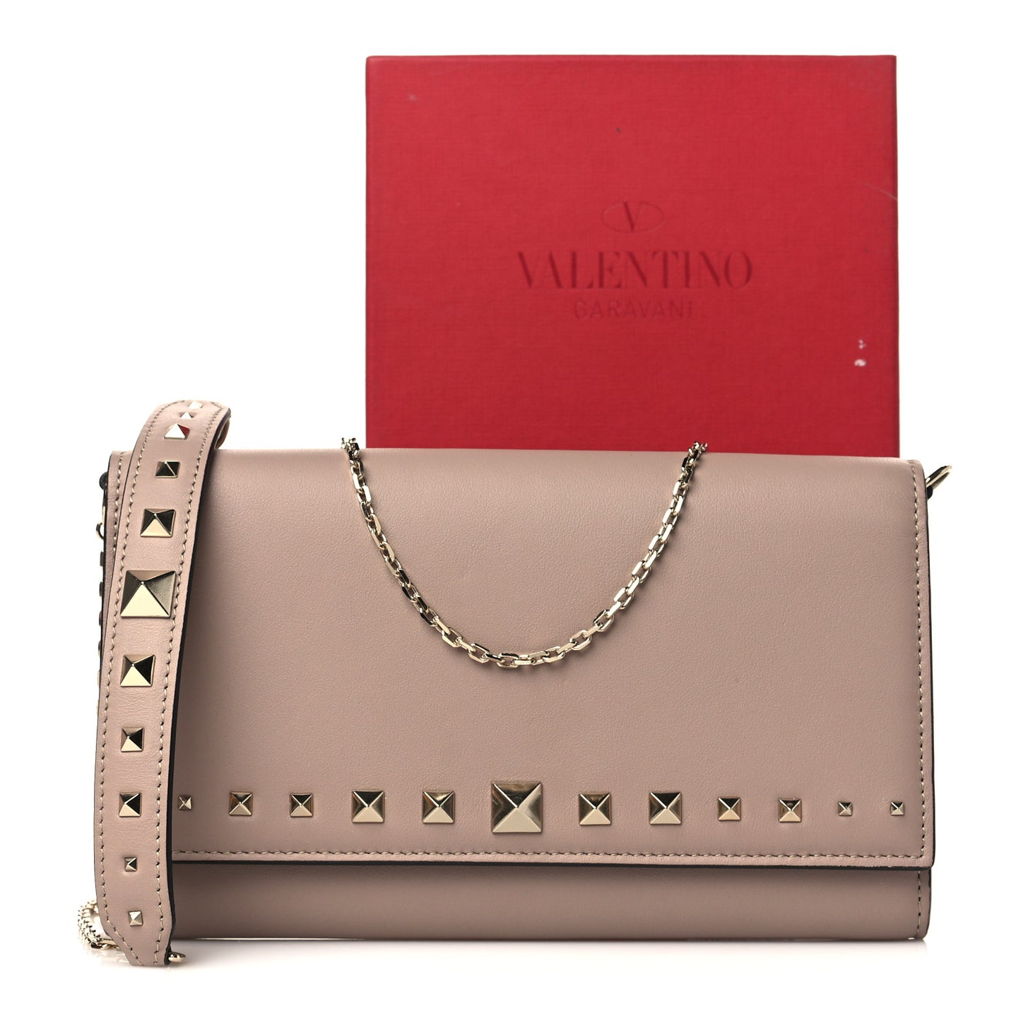 Vitello Rockstud Crossbody Wallet on Chain Poudre