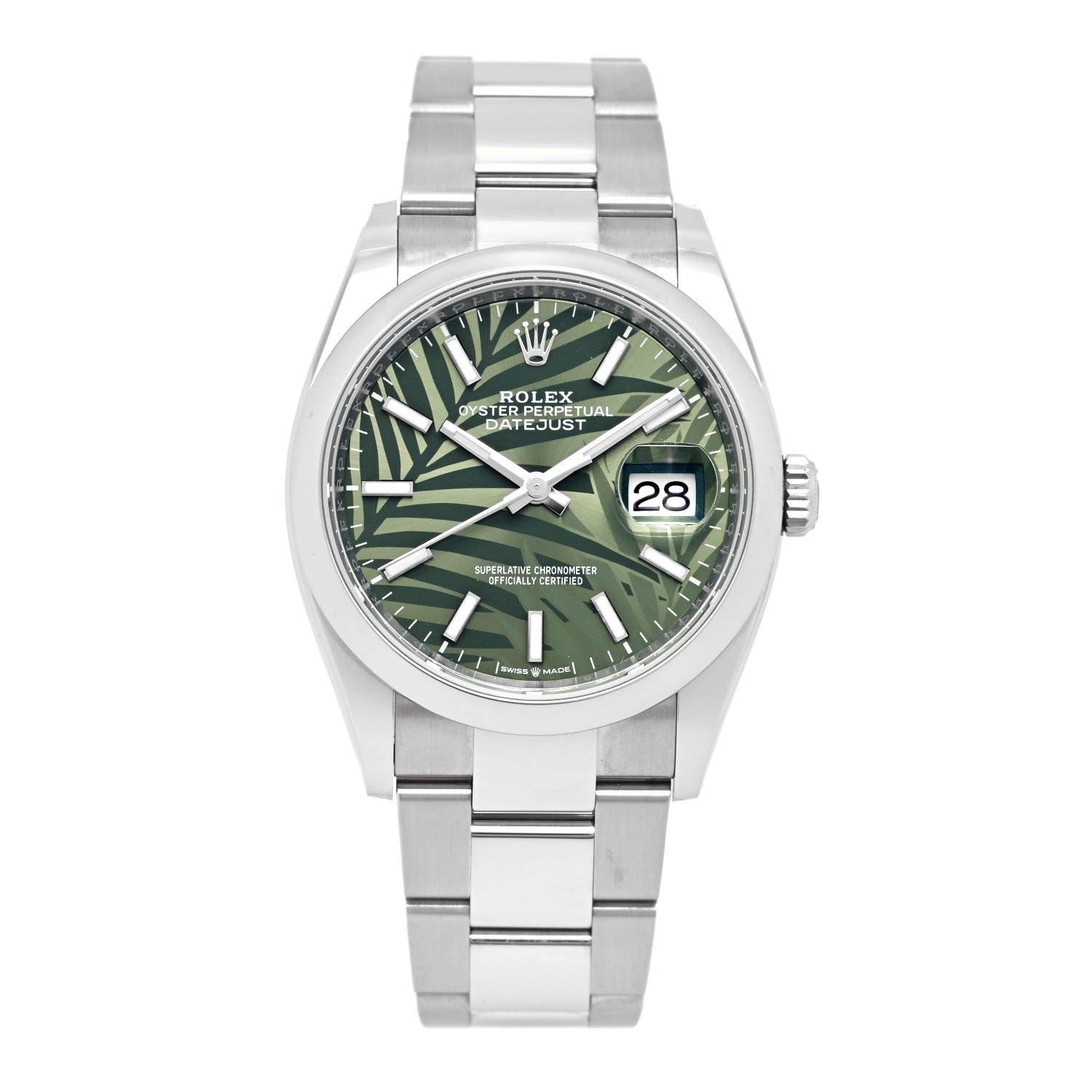 Rolex Stainless Steel 36mm Oyster Perpetual Datejust Watch Olive Green Palm 126200 1 of 5