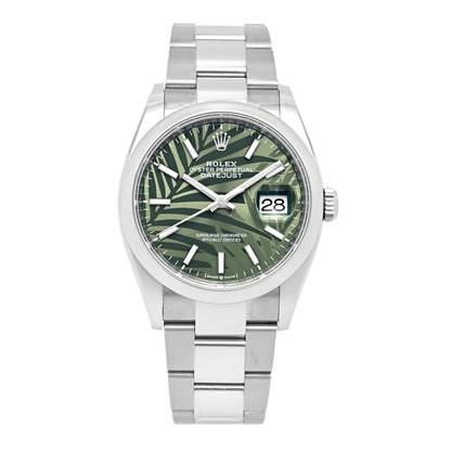 Rolex Stainless Steel 36mm Oyster Perpetual Datejust Watch Olive Green Palm 126200 1 of 5