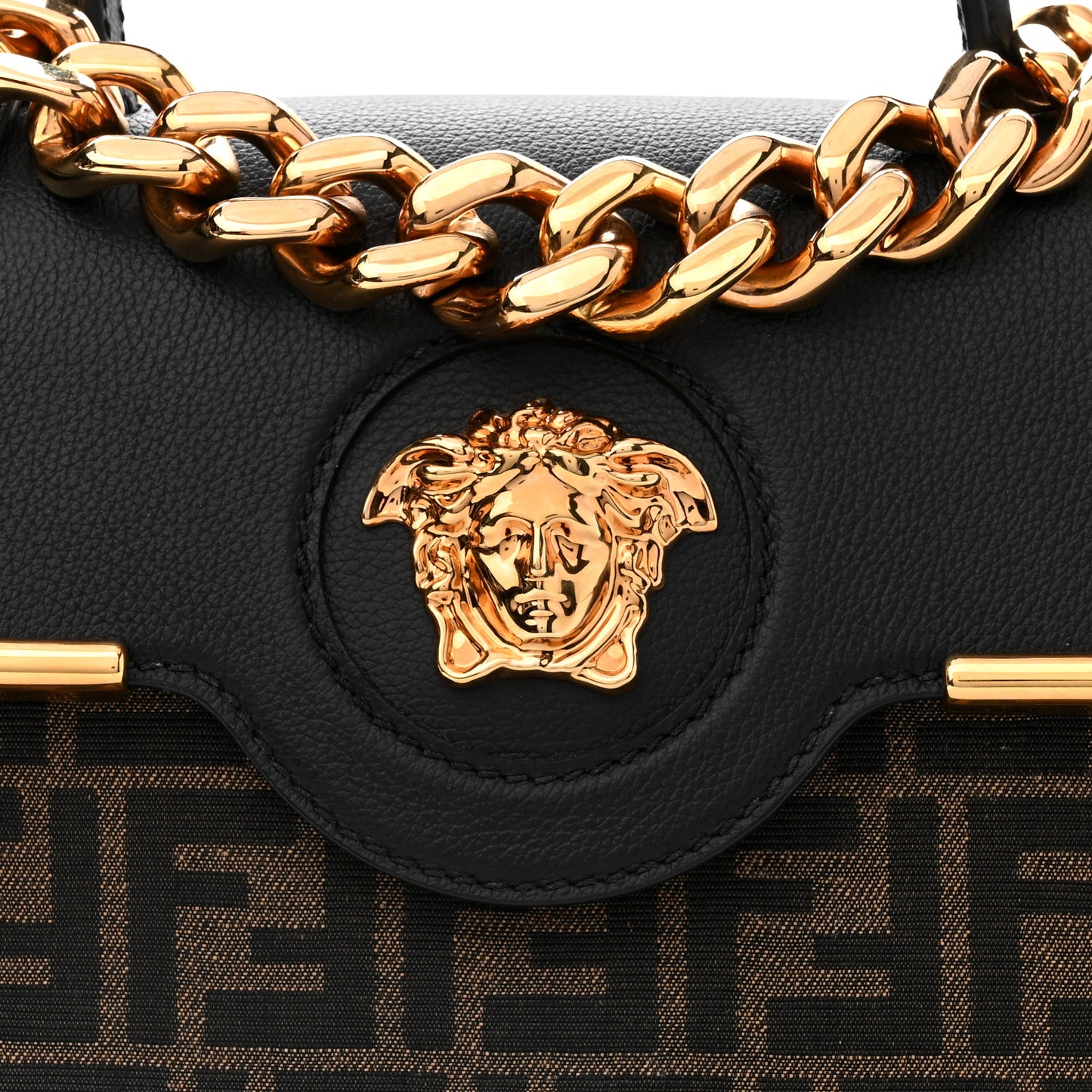 X FENDI Grained Calfskin Fendace Medium La Medusa Top Handle Bag Black Brown