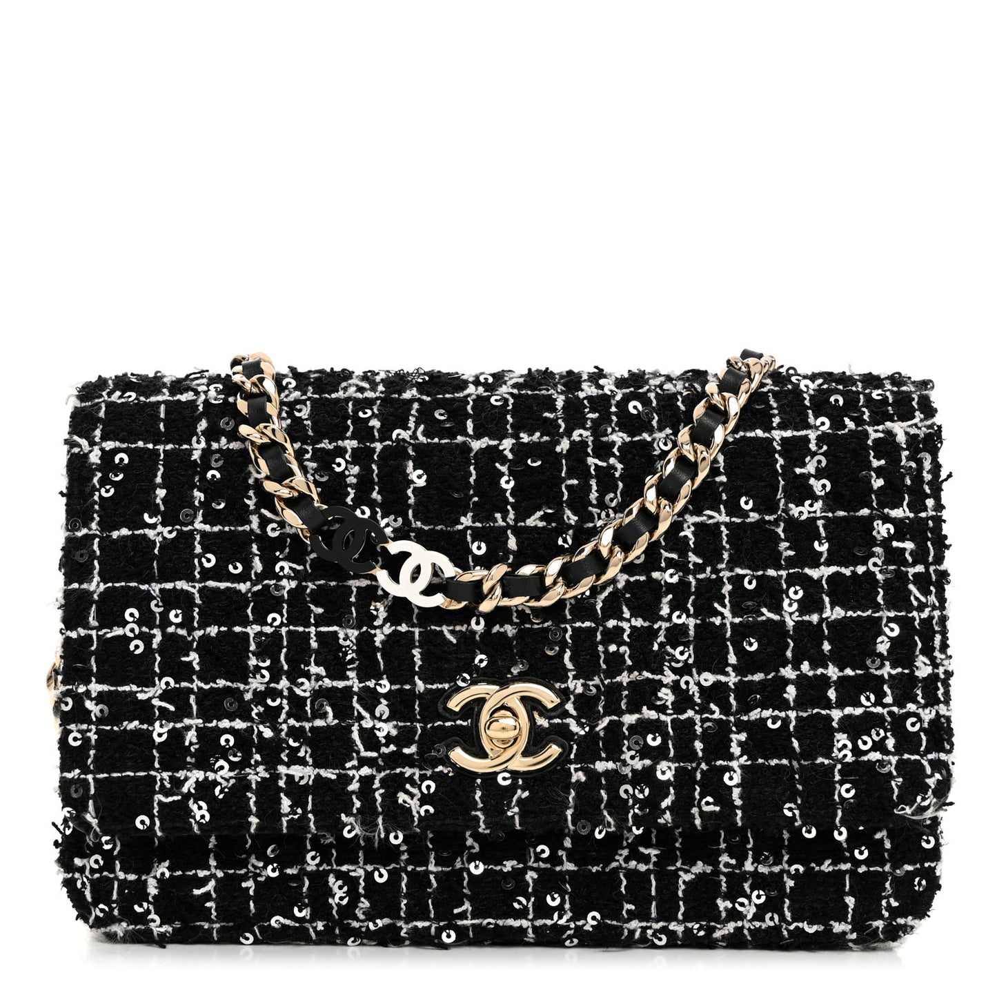Tweed Sequin Quilted Wallet On Chain WOC Black White