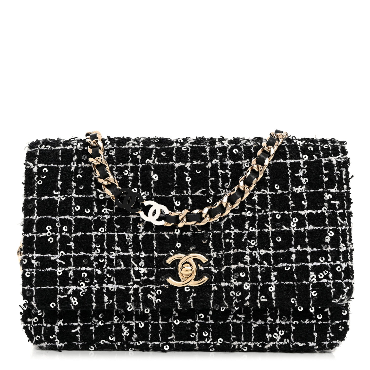 Chanel Tweed Sequin Quilted Wallet On Chain WOC Black White 1 of 10