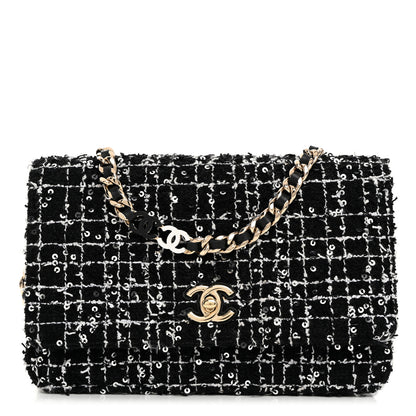 Chanel Tweed Sequin Quilted Wallet On Chain WOC Black White 1 of 10