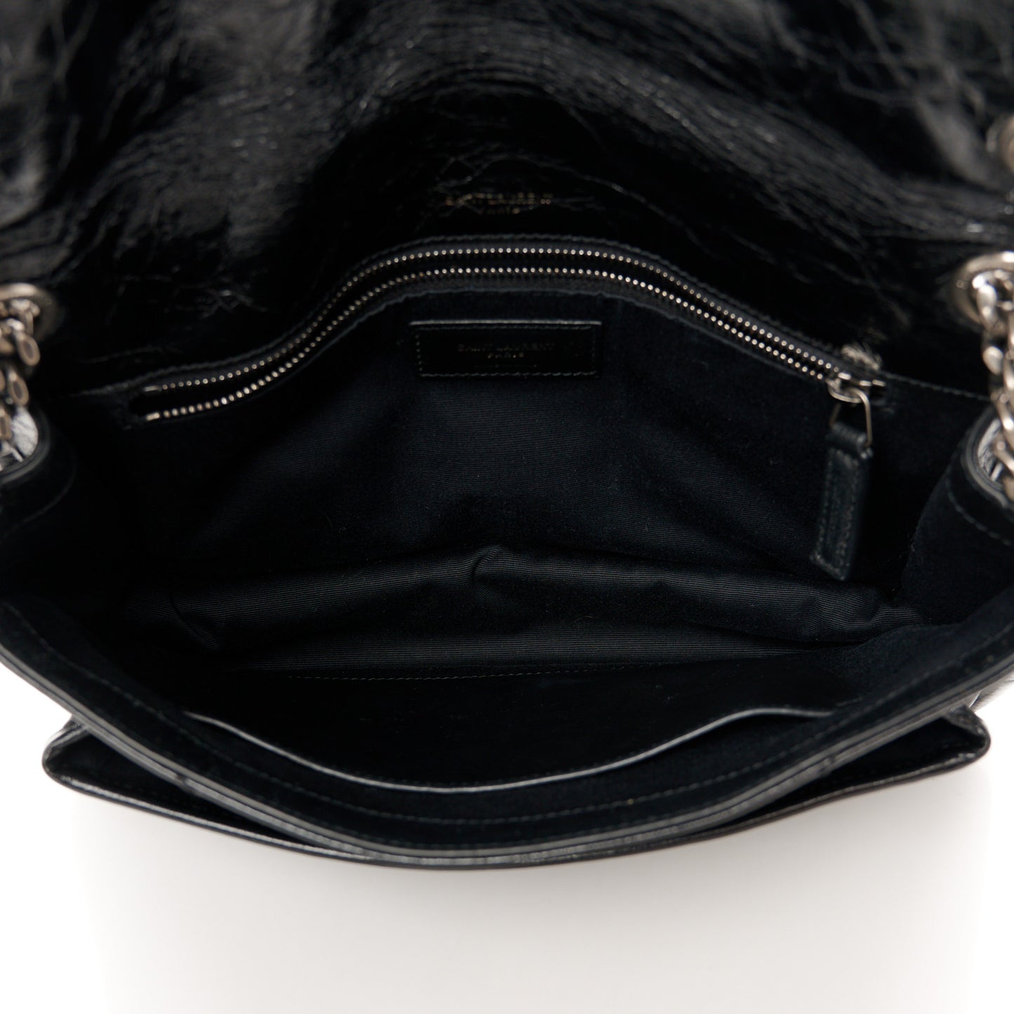 Crinkled Calfskin Matelasse Monogram Medium Niki Chain Satchel Black