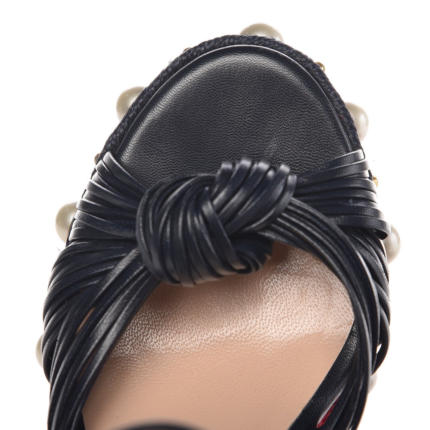 Raffia Calfskin Pearl Embellished Barbette Espadrille Platform Wedge Sandals 36.5 Midnight Blue Red