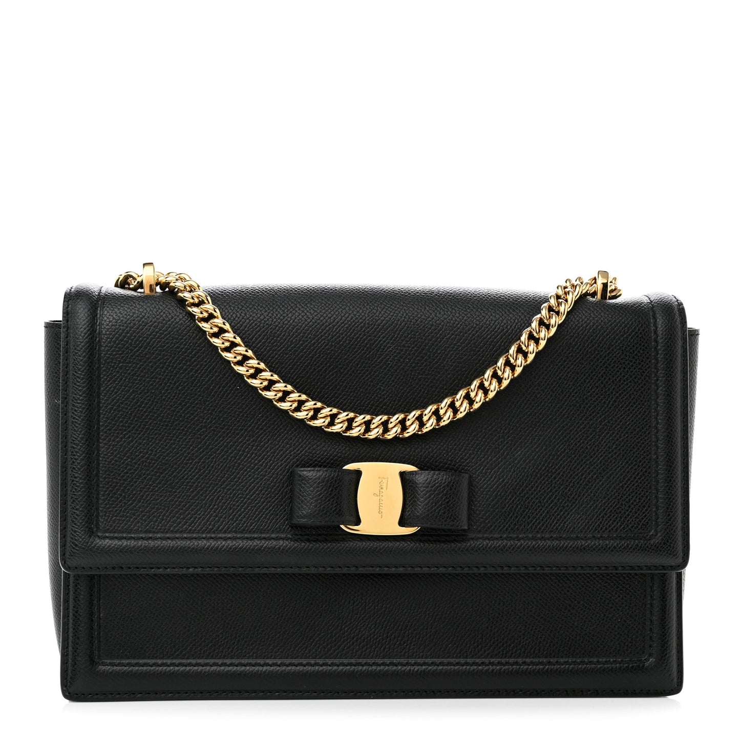 Hammered Calfskin Vara Bow Chain Flap Crossbody Black