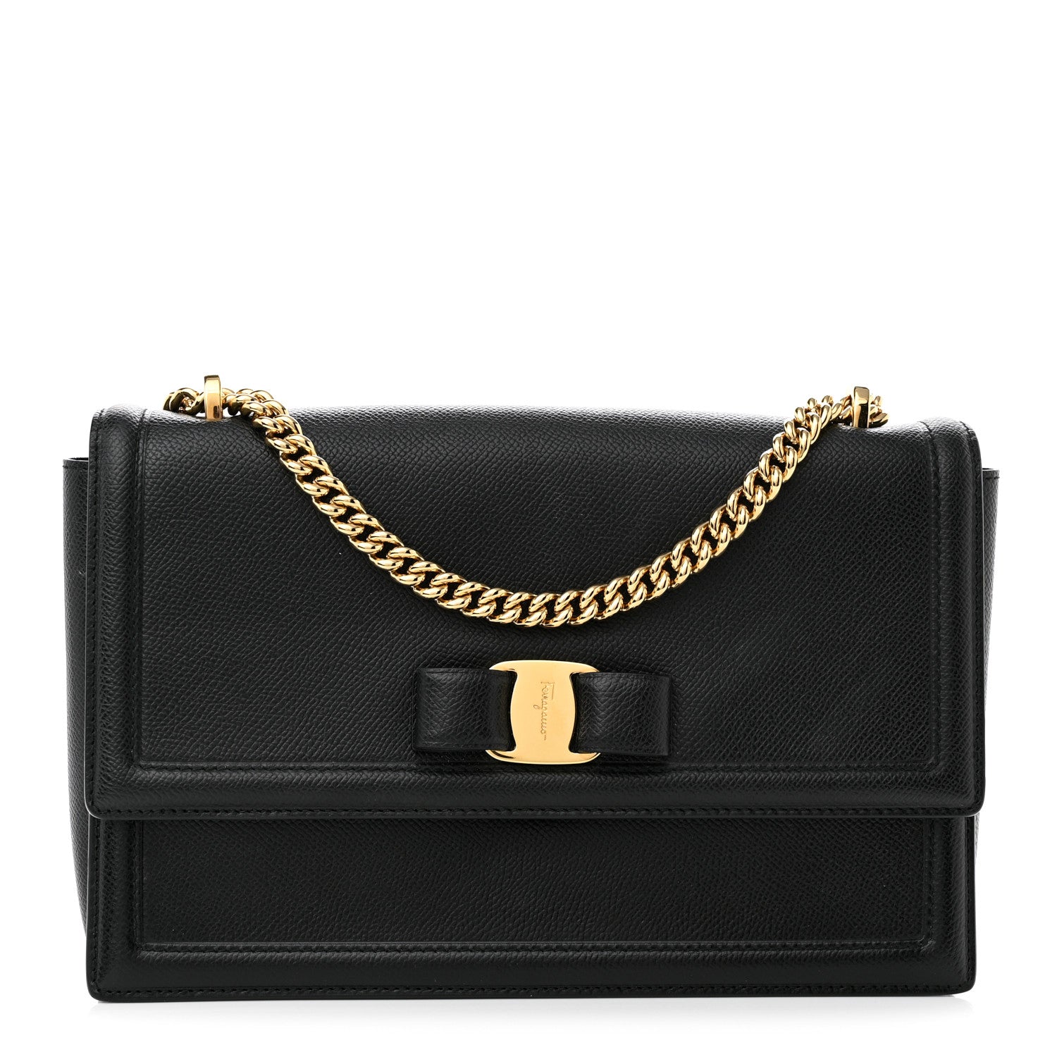 Salvatore Ferragamo Hammered Calfskin Vara Bow Chain Flap Crossbody Black 1 of 9