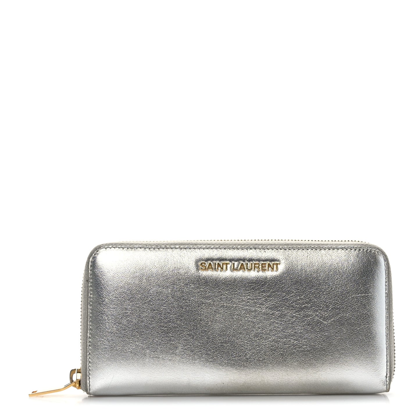 Metallic Calfskin Classic Letters Zip Around Wallet Silver